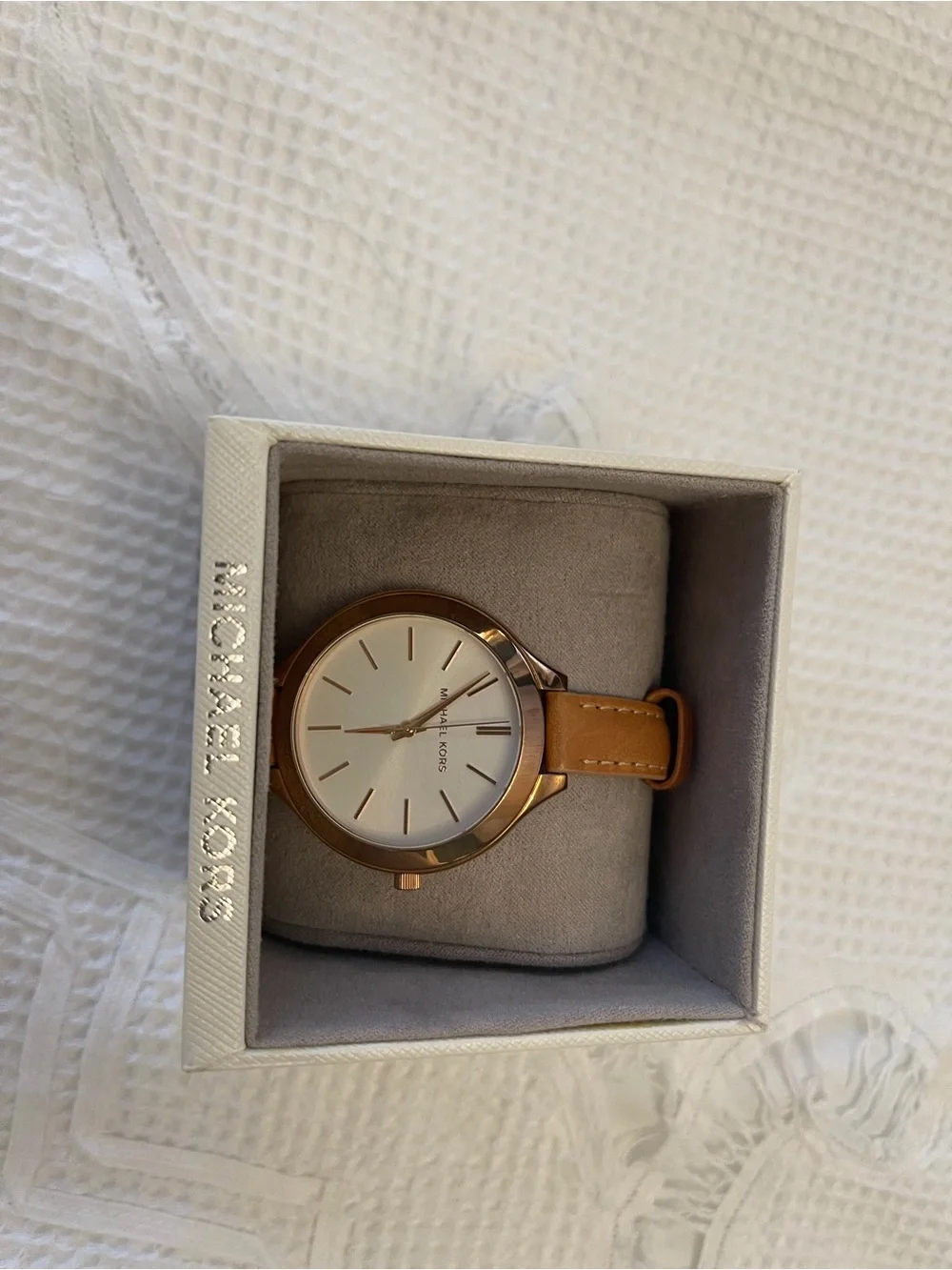 Michael Kors Rose Gold Case Watch with Tan Leather Strap